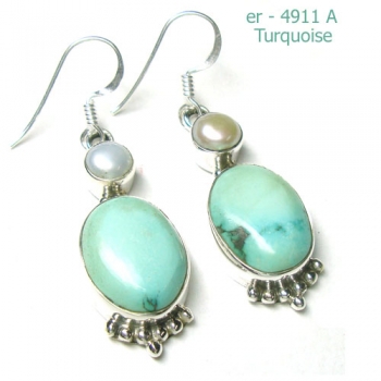 Blue tibet turquoise 925 sterling silver freshwater pearl drop earrings